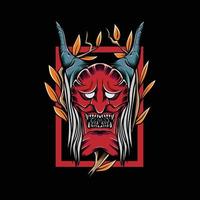 japanese devil with leaf frame for t-shirt design and print vector