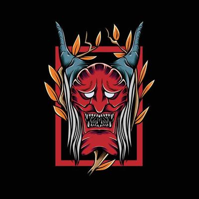 japanese devil with leaf frame for t-shirt design and print