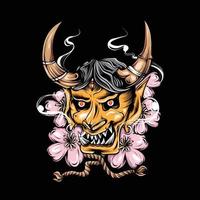 Japanese Oni mask gold and flower illustration for t-shirt design and print vector