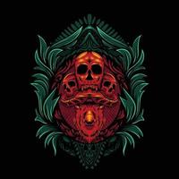 illustration of a skull and buffalo head on an ornament on a black background vector