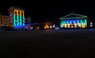 Main square of night city lights at Ternopil, Ukraine, Europe. photo