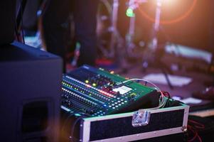 Digital mixing console. Sound mixer control panel, closeup of audio faders. photo