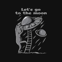 ilustración ovni alienígena con letras vamos a la luna en blanco y negro vector