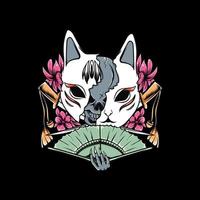 ilustración de máscara kitsune con espada y flor de abanico vector