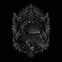 Crow with illustration ornament frame on black background vector