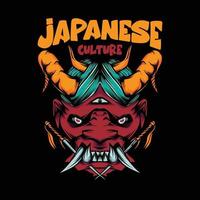 illustration of oni mask and sword for t-shirt with japanese culture letters