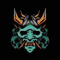 devil oni mask with skull illustration on black background vector