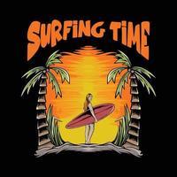 ilustración de mujer con tabla de surf con puesta de sol para diseño e impresión de camisetas vector