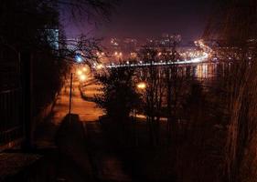 Panorama of night city lights and reflections on lake at Ternopil, Ukraine, Europe. photo