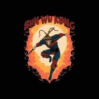 Sun wukong illustration with smoke fire on black background vector