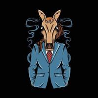 man with horse head mask wearing suit