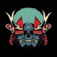 oni mask with japanese samurai helmet with moon and katana sword illustration vector