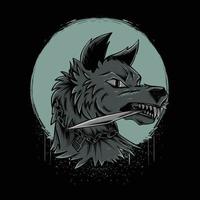 wolf biting knife with moon illustration vector