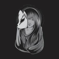 Japanese geisha woman illustration with kitsune mask black and white vector