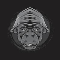 ilustración de detalle de cabeza de mono fumando y usando un sombrero en blanco y negro vector