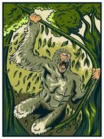 Angry monkey holding a vine in the jungle illustration