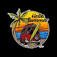 Red van with surfing board on a beach with a palm tree at sunset illustration on black background vector
