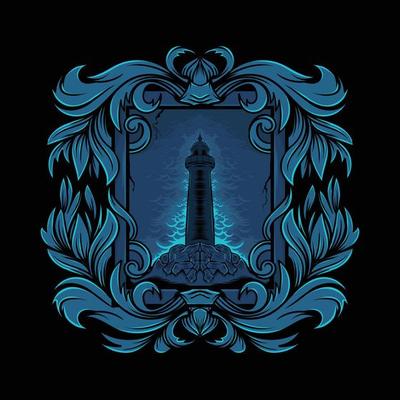 lighthouse illustration on the sea with stones and ornaments