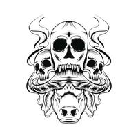scary buffalo head and skull illustration sketch vector