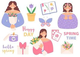 Spring collection with girls holding flowers. Spring time. Flat vector illustration isolated on white background.