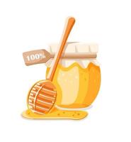 Glass pot with honey, spoon with drips honey vector