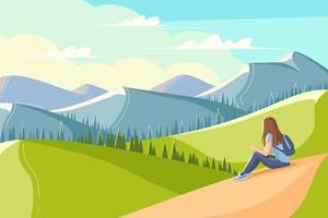 Young woman sits on the grass and looks at the mountains vector