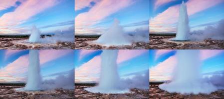 Collage Strokkur geyser eruption in Iceland. Fantastic transluce photo