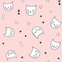 Cute cat vector pattern with triangles. Hand drawn funny cat faces seamless background. Illustration for kids design.