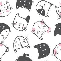 Cat vector pattern with hand drawn cat faces. Seamless print illustration for children.