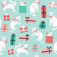 Christmas vector pattern with cats with bows and gift boxes. Hand drawn seamless background with cats, presents with bows.