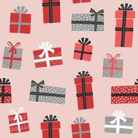 Christmas gift boxes vector pattern in retro style. Seamless background with gift boxes with bows. Illustration for greeting cards, invitations, posters.