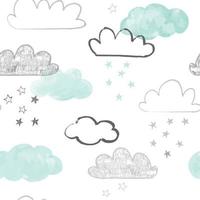 Doodle clouds pattern. Hand drawn vector seamless background with clouds and stars in grey and teal. Scandinavian style print.