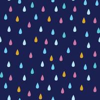 Seamless vector pattern with rain drops in blue, yellow and pink on navy background.