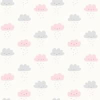 Funny clouds with smiling faces and hearts rain. Cute seamless background in pastel colors. Valentines day. vector