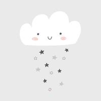 Cute cloud vector cartoon illustration with smiling happy cloud and rain of stars. Scandinavian style nursery art.