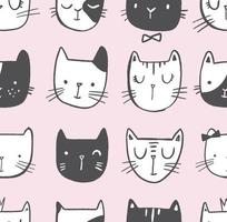 Cat vector doodle pattern with hand drawn cat faces. Seamless print illustration for children.