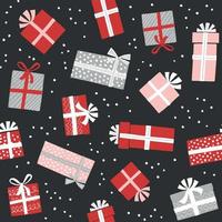 cajas de regalo de navidad patrón vectorial con nieve. fondo transparente con cajas de regalo con lazos. ilustración para tarjetas de felicitación, invitaciones, carteles. vector