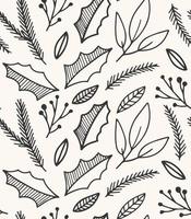 Christmas vector pattern. Floral seamless background with winter foliage. Holly leaves, pines, branches.