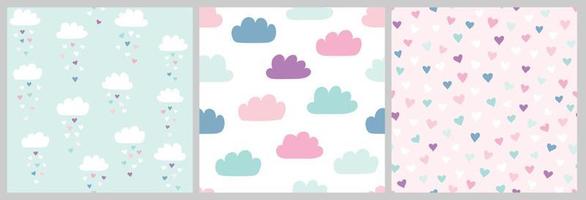 Cute scandinavian pattern set with clouds and hearts. Vector seamless background for Valentines day with clouds and heart rain. Illustration for babies, kids.