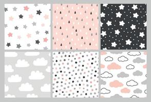 Cute pattern set with clouds, stars and rain drops. Vector seamless background in Scandinavian style. Illustration for babies, kids.