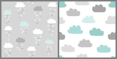 Clouds vector pattern set in scandinavian style. Cute seamless background for Valentines day with clouds and heart rain. Illustration for babies, kids.