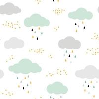 Cute seamless pattern with clouds, rain drops and dots. Vector background in mint, yellow, gray and black.