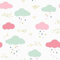 Vector kids pattern with clouds, rain drops and dots. Cute scandinavian seamless background in mint, pink, yellow and gray.