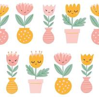 Spring vector pattern with cute flowers in vases and pots. Funny smiling flowers with faces seamless background. Home plants.