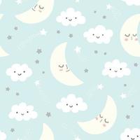 Night sky vector pattern with smiling moon, stars and clouds. Hand drawn cute night sky seamless design on a blue background.