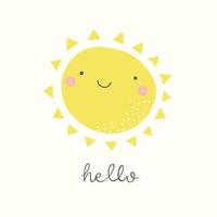 lindo sol saludando. vector divertida ilustración infantil. arte infantil caprichoso. personaje sonriente de verano.
