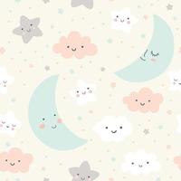 Cute sky pattern. Seamless vector design with smiling, sleeping moon, stars and clouds. Baby illustration.