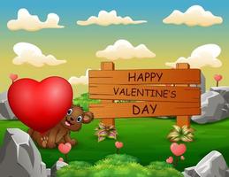 cartel de madera feliz día de san valentín con un oso con corazón rojo vector
