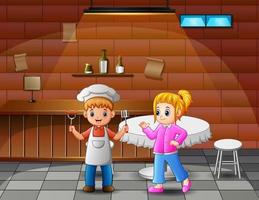 Little chef and girl in the cafe illustration vector