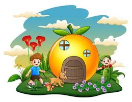 Orange house with happy kids playing in the park vector